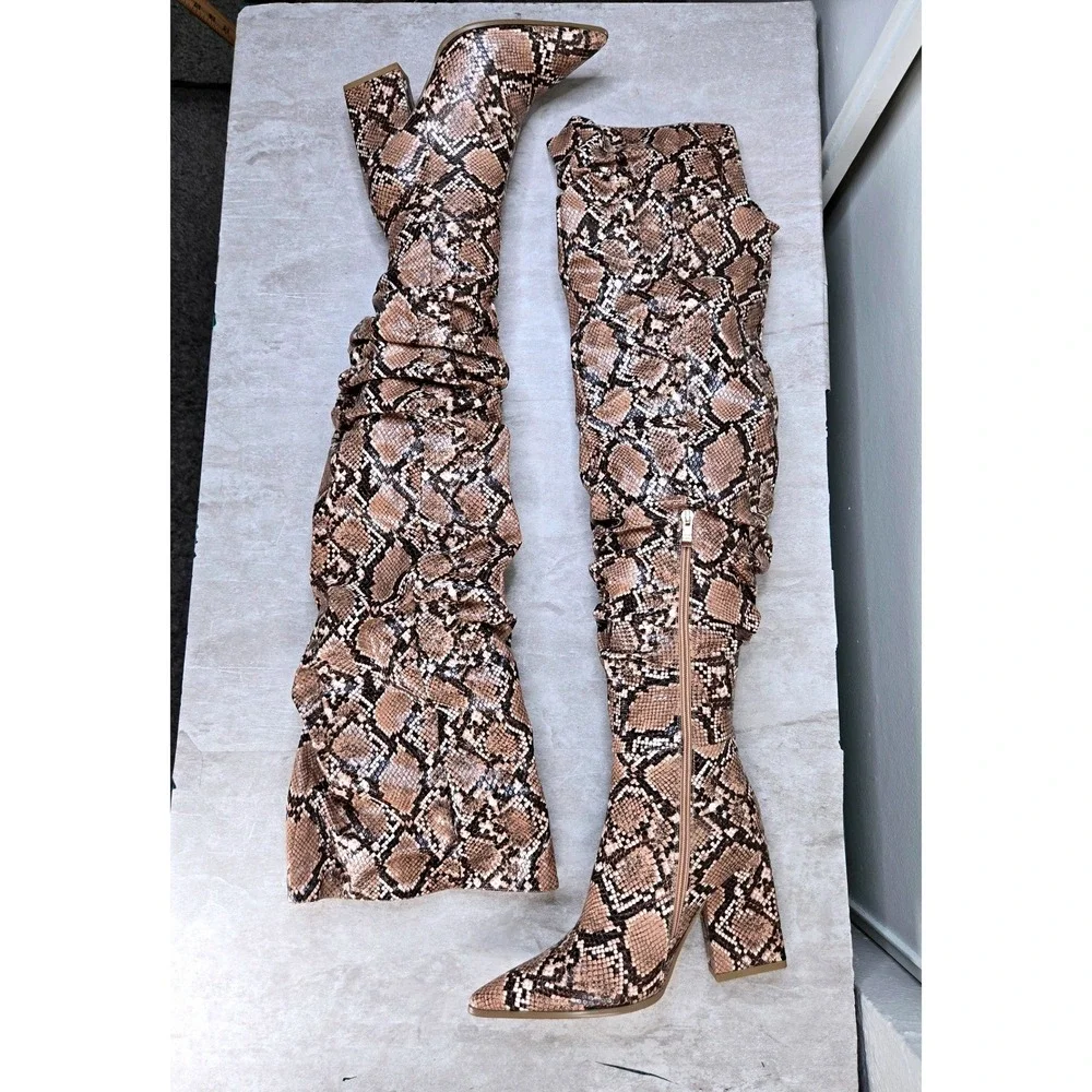 PrettyLittleThing Thigh High Boots Tan Snakeskin Slouchy Block Heel Pointed Toe